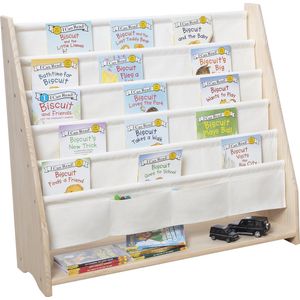 XL Massief Houten Kinderboekenrek 6 niveaus【Gewoon Hout + Katoen, GEEN MDF】- W76×H83×D28cm - Grenen Houtkleur & Beige - Boekenkast voor kinderen - Bookcase - Boekenplank - Kinderkamerkast - Speelgoedrek - Opbergrek - Speelgoedkast - Boekenrek