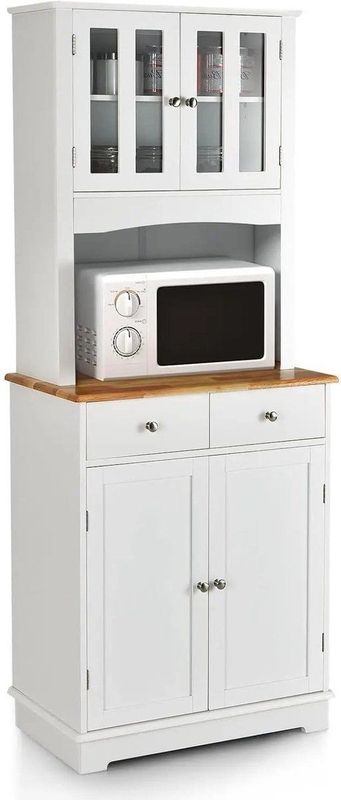 Keukenkast Hoog 170 cm – Houten Buffetkast – Hoge Kast met Laden, Glazen Deuren & Verstelbare Planken – Vrijstaand Keukenbuffet – Witte Kast voor Keuken of Eetkamer
