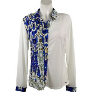 Angelle Milan - Blouse in 50/50 Blauw/Beige voor Dames - Travelstof - Comfort - Strijkvrij - Duurzaam - Maat M - In 5 maten!