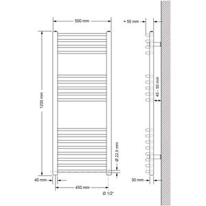 Elektrische badkamerradiator met verwarmingselement 900W 500x1200 mm antraciet gebogen met zijaansluiting LuxeBath