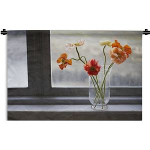 Wandkleed Planten in de vensterbank - Vaas met vers geplukte bloemen in een vensterbank Wandkleed katoen 60x40 cm - Wandtapijt met foto