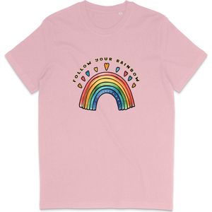 T Shirt Dames en Heren - Regenboog en Tekst: Follow Your Rainbow - Roze - S