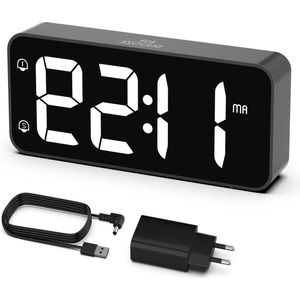 Retro Wekker - Wekker Digitale Wekker op Stroom met Adapter - 8 Beltonen - 90-120dB Volume - 0-100% Instelbare Helderheid en USB Oplaadpoort voor Kind Tieners Volwassen (Zwart)