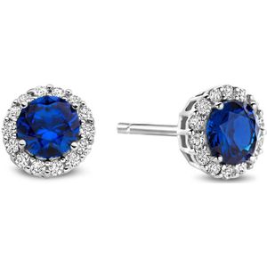 New Bling - 9NB-1377 - zilveren oorbelknopjes - wit en saffierblauw - zirkonia - 925 sterling silver - rhodium plated - 7mm