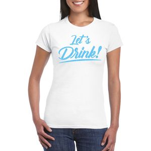 Bellatio Decorations Verkleed T-shirt voor dames - lets drink - wit - blauwe glitters - glamour XS