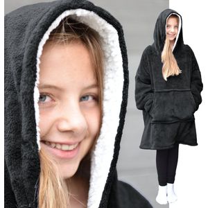 HOMELEVEL Sherpa Winter Hoodie XL Sweatshirt Pullover Oversize voor Kinderen Pullover Dekentje Huis Trui Buiten Binnen - Zwart