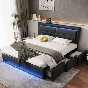 Sweiko Gestoffeerd tweepersoonsbed - 180 x 200 cm - Hydraulische opbergruimte - USB-poort - LED-verlichting - 3 laden - Zonder matras - Zwart