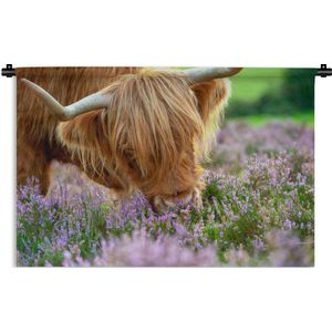 Wandkleed Schotse Hooglanders  - Close-up Schotse hooglander ruikt paarse heide Wandkleed katoen 150x100 cm - Wandtapijt met foto