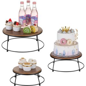 Set Van 3 Houten Taartstandaards Met Zwart Metaal Frame - Cupcake Houders Voor Bruiloft - Verjaardag En Feesten