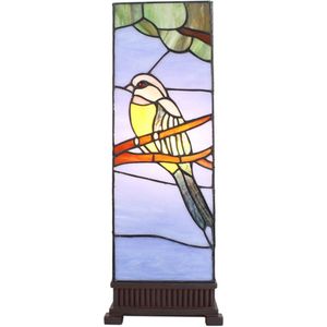 Tiffany Tafellamp 18x18x48 cm  Blauw Glas Kunststof Vierkant Vogel Tiffany Bureaulamp Tiffany Lampen Glas in Lood