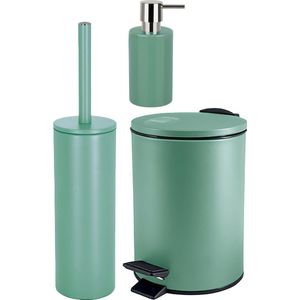 Spirella Badkamer accessoires set - WC-borstel/pedaalemmer/zeeppompje - metaal/keramiek - salie groen - Luxe uitstraling