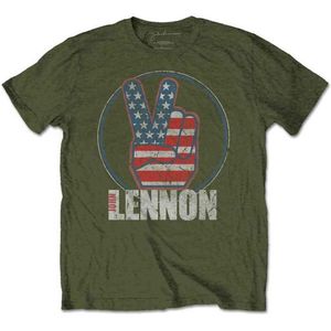 John Lennon - Peace Fingers US Flag Heren T-shirt - S - Groen