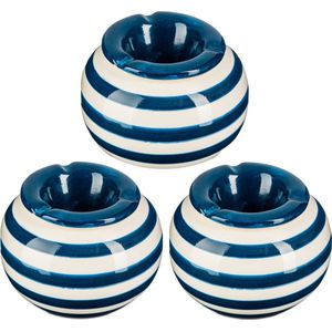 Terras asbak/stormasbak - 3x - rond - keramiek - 12 x 8 cm - blauw/wit - Buiten asbakken
