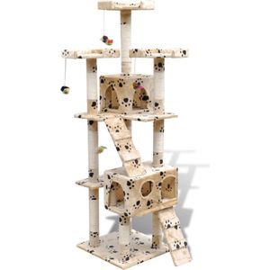 vidaXL Kattenkrabpaal Max 170 cm 2 huisjes (beige) met pootafdrukken