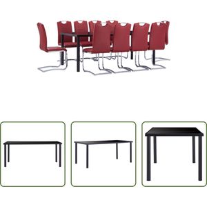 The Living Store Eetset Tafel en 10 Stoelen - Zwart Gehard Glas en Metaal - Rood Kunstleer - 180x90x75cm