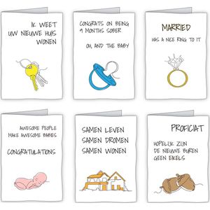 Set 18 grappige wenskaarten (huwelijk, housewarming en geboorte) met envelop