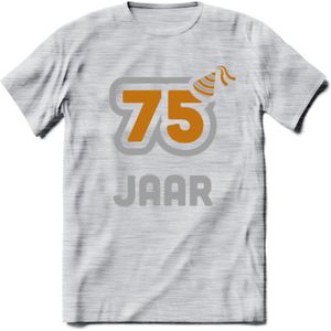 75 Jaar Feest T-Shirt | Goud - Zilver | Grappig Verjaardag Cadeau Shirt | Dames - Heren - Unisex | Tshirt Kleding Kado | - Licht Grijs - Gemaleerd - 3XL