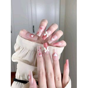 24 stuks kunstnagels met hartvormige en strikversieringen - nepnagels - plaknagels