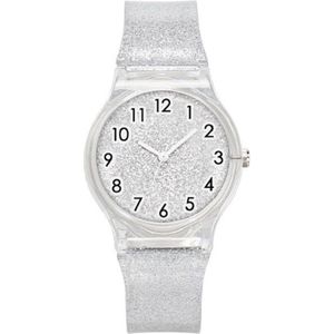 Glitter horloge - zilverkleurig - kinderen/ tieners - 33 mm - I-deLuxe verpakking