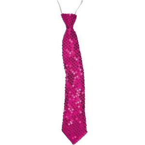 Fuchsia roze glitter stropdas 32 cm verkleedaccessoire dames/heren - Pailletten/glimmertjes - Fuchsia roze thema feestartikelen