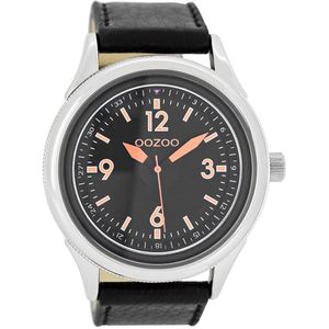 OOZOO Timepieces - Zilverkleurige horloge met zwarte leren band - C7479