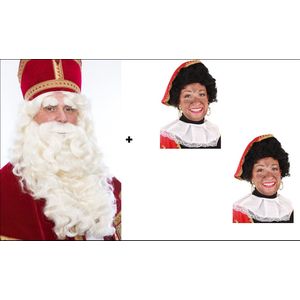 TV Baardstel Sint deluxe + 2x Pieten pruik luxe zwart verstelbare kap - Sint en Piet Sinterklaas feest baard thema feest party evenement feest