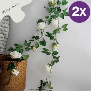 2 Stuks Rozen Slinger - Kunstbloemen slinger - Balkon decoratie - Zomerbloem- 145cm - Klimroos cream & Wit- Bruiloft Decoratie – Trouwen -Trouwdag bloemen
