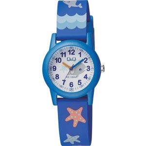 Q&Q VR99J009Y - Horloge - Sport - Analoog - Kinderen - Unisex - Plastic band - Rond - Kunststof - Cijfers - Walvis - Zeesterren - Blauw - Wit - Multi - 10 ATM