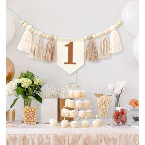 Boho verjaardags slinger 1 jaar - Kinderstoel slinger - Klosjes - Ibiza style - Beige