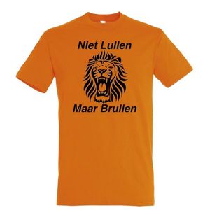 Oranje EK / WK voetbal T-shirt met “ Niet Lullen Maar Brullen “ print Zwart maat M