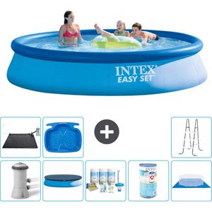 Intex Rond Opblaasbaar Easy Set Zwembad - 396 x 84 cm - Blauw - Inclusief Pomp Afdekzeil - Onderhoudspakket - Filter - Grondzeil - Solar Mat - Ladder - Voetenbad
