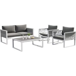 VORLOU - Moderne Tuinset - Gevlochten Tuinset - Grijs-wit Loungeset - Japandi loungeset - Gegalvaniseerde Tuinmeubelset - 4 Loungeset incl Zitkussens - Alle Kussens Inbegrepen