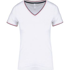 T-shirt Dames M Kariban V-hals Korte mouw White / Navy / Red 100% Katoen