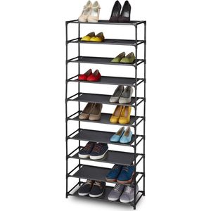 Stapelbaar schoenenrek met 10 etages - 30 paar schoenen - hoge schoenenkast van metaal - HBD: 150x62x28 cm - zwart Schoenenrek