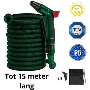Tuinslang flexibel van 5 tot 15 meter met ergonomische reguleersproeier UV protection TUV certificaat compleet!