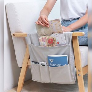 Sofa Armsteun Caddy Organizer met 5 zakken voor bank fauteuil Loveseat, afstandsbediening houder, canvas stoel naast opbergtas Space Saver voor telefoon, tijdschriften, boek, bril, beige