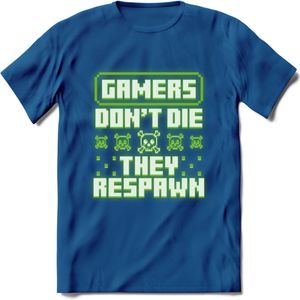 Gamers don't die pixel T-shirt | Neon Groen | Gaming kleding | Grappig game verjaardag cadeau shirt Heren – Dames – Unisex | - Donker Blauw - S