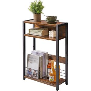 Smalle bijzettafel met opbergplank en 3 niveaus in bruin - ideaal voor kleine ruimtes in woonkamer, slaapkamer of bij de bank