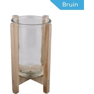 Lantaarn op houten voet van WDMT™ | ø 19 x 27,5 cm | Glazen kaarsenhouder met een houten frame | Lantaarn, windlicht of kaarsenhouder | Bruin