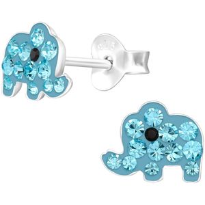 Joy|S - Zilveren olifant oorbellen - blauw met blauw kristal - 8 x 6 mm - kinderoorbellen