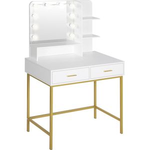 BukkitBow - Kaptafel / Make-up Tafel met LED Verlichting – Blad met 2 Grote laden - Cosmetische Tafel voor Slaapkamer - Met 10 Led Lampen en Spiegel