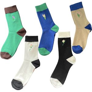 ASTRADAVI Socks Collection - Normale Sokken - 5 Stuks - Katoenen Sokken - Geborduurde Bloem - 36/41 - Zwart, Wit, Koningsblauw, Groen, Beige