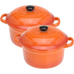 Set van 10x stuks mini stoofpannetjes/ovenschaaltjes met deksel oranje 9 cm - Tapaspannetjes - Serveerpannetjes