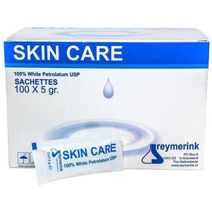 Reymerink Witte Vaseline crème zakjes - 5 gram - Doos van 100 stuks - GGD goedgekeurd - vaseline aftercare - vasline nazorg - Witte Pertrolatum - White Petrolatum - Huidverzorging - Huidbescherming - Huid verzorging - Skin care - Skincare