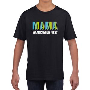 Mama waar is mijn pils tekst zwart t-shirt blauwe/groene letters voor jongens en meisjes 146/152