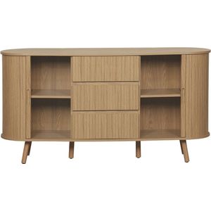 sweeek - Scandinavisch ovaal dressoir, 2 schuifdeuren, 4 vakken, 3 laden, gegroefd houteffect, natuurlijke kleur, b 150 x d 40 x h 79cm