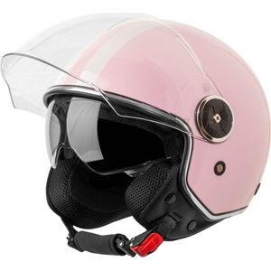 VINZ Arenas Scooterhelm met zonnevizier / Jethelm met streep / Brommer Helm / Motorhelm / Helm Scooter Retro / Snorfiets helm / Snorscooter helm - Geschikt Voor Helmplicht Blauw Kenteken - Roze