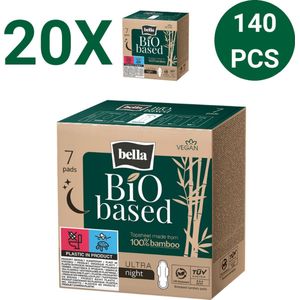 Bella Maandverband Bio Based Ultra Night 100% Bamboo Vegan (7 stuks per verpakking) pak van 20, Biogebaseerd, milieuvriendelijk, gemaakt met bamboe, voordeelpakket - 140 stucks
