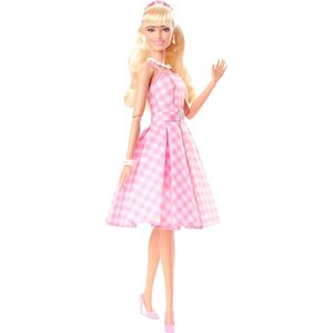 Barbie The movie pop - Margot Robbie - Roze-wit geruite jurk - 33 cm - Barbie film pop