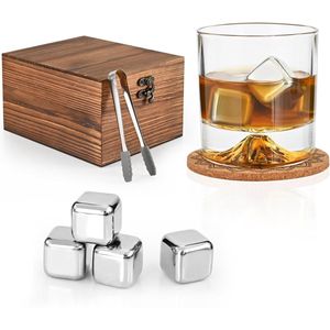 Whiskey Set met Roestvrijstalen Stenen en Glazen Karaf - Herbruikbare IJsblokjes - Whiskeykoeler - Luxe Drank Geschenk - Whiskey Accessoires